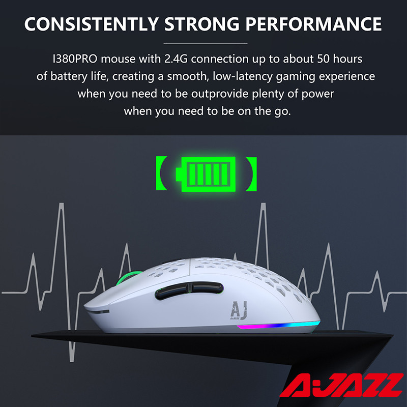 AJAZZ I380Pro bezvadu spēļu pele 10000DPI PMW3325 sensors, divu režīmu pele, uzlādējama šūnveida pārnēsājama USB pele klēpjdatoram