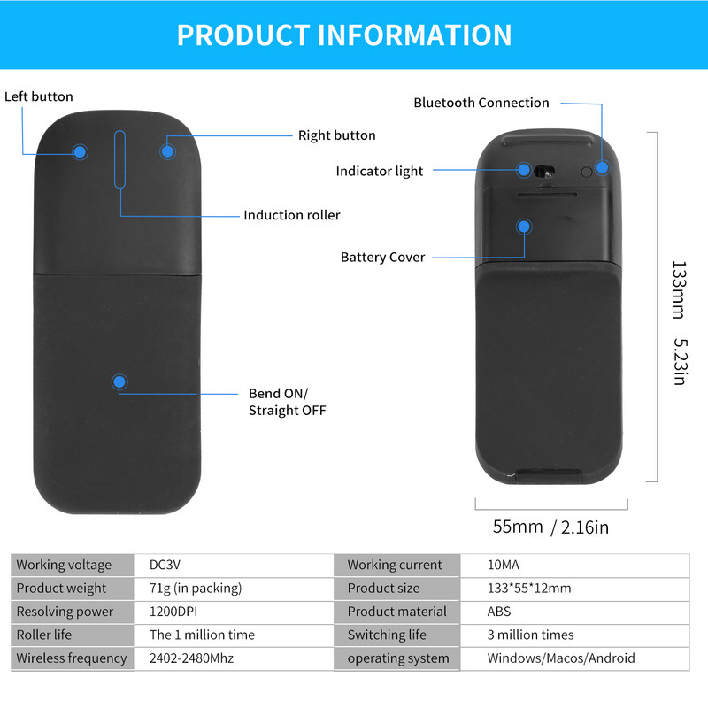 1 buc/2 buc Mouse pliabil fără fir/Bluetooth Arc Touch Computer Mute Mouse Mouse ergonomic subțire Laser pentru Windows MAC/OS Microsoft