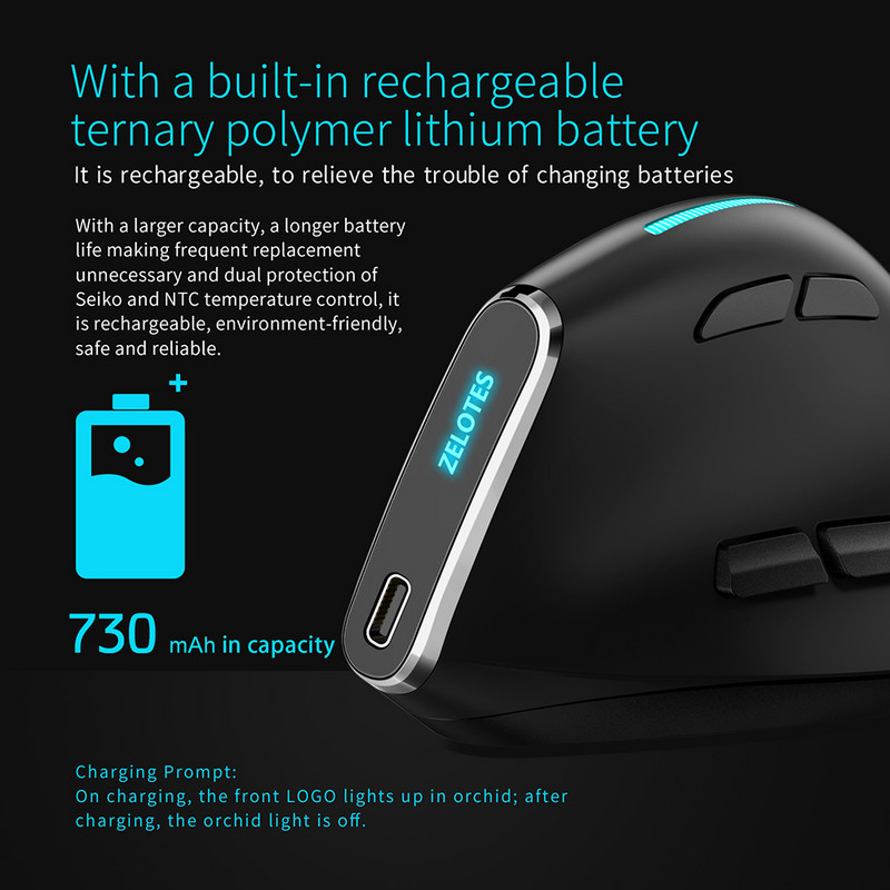 ZELOTES F-36 F-36A 8 gumba Bežični punjivi miševi Gaming miš 2400 DPI Ergonomski optički okomiti miš USB miševi za PUBG