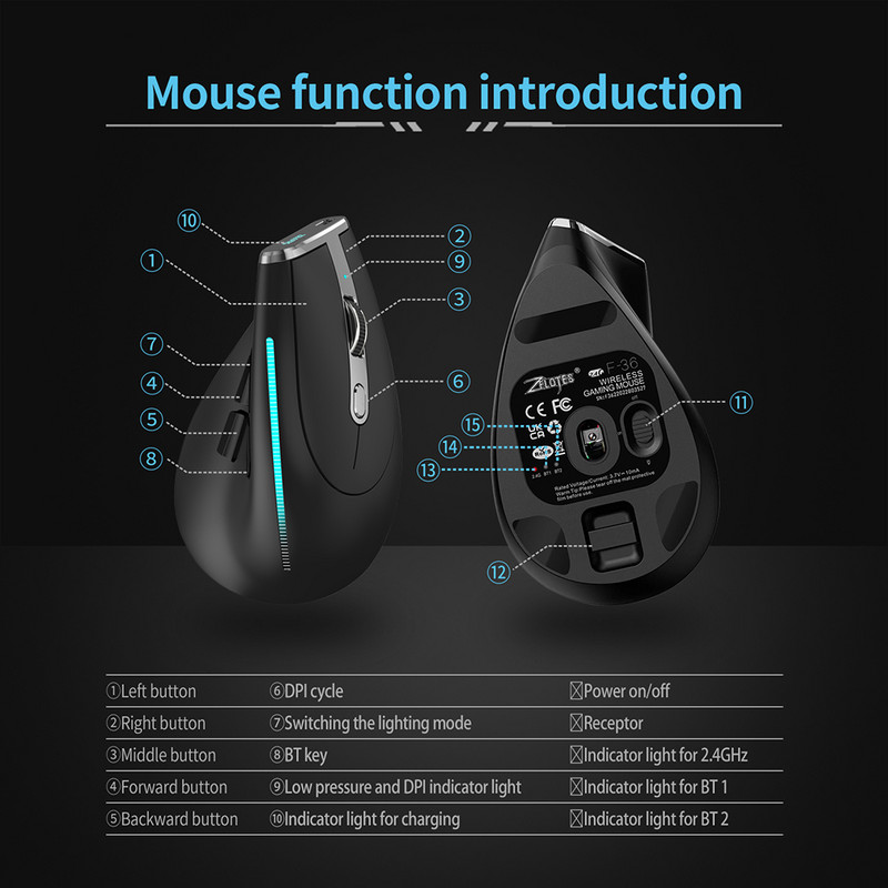 ZELOTES F-36 F-36A 8 gumba Bežični punjivi miševi Gaming miš 2400 DPI Ergonomski optički okomiti miš USB miševi za PUBG