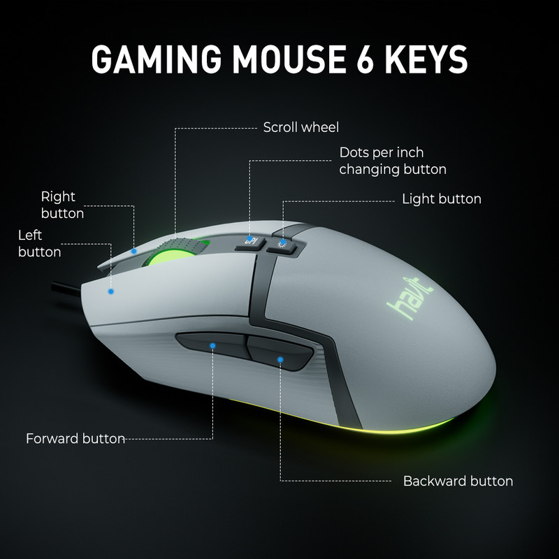 HAVIT MS885 RGB USB žičani PC miš za igranje 6400 DPI Miševi sa 6 gumba i pozadinskim osvjetljenjem u 7 boja koji se mogu programirati, ergonomski za igrače prijenosnih računala