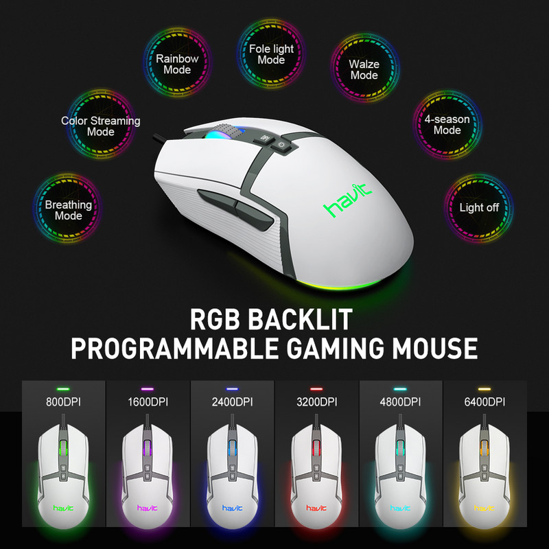 HAVIT MS885 RGB USB žičani PC miš za igranje 6400 DPI Miševi sa 6 gumba i pozadinskim osvjetljenjem u 7 boja koji se mogu programirati, ergonomski za igrače prijenosnih računala