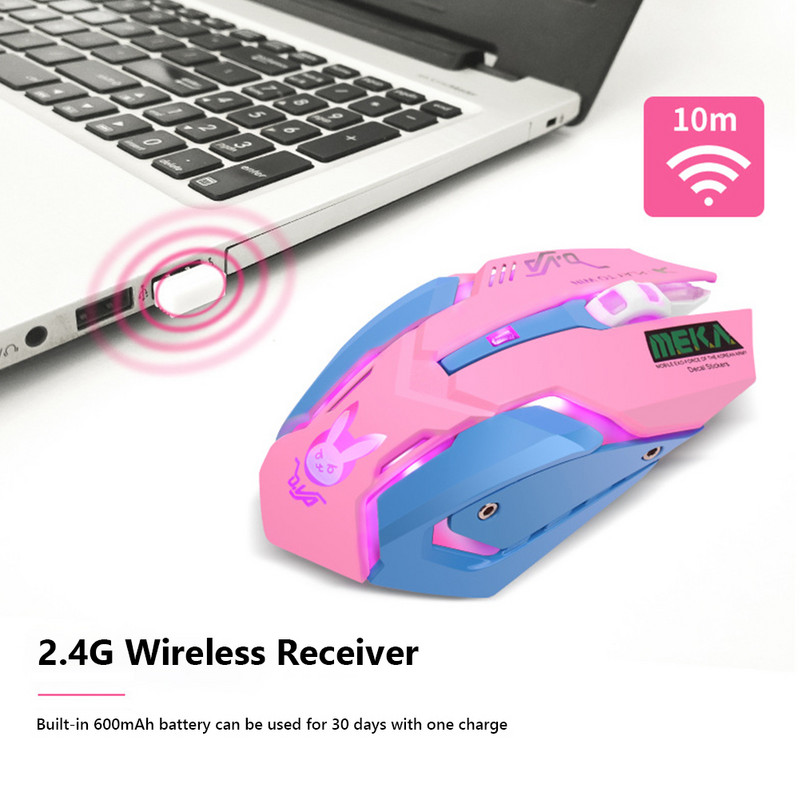 Légző LED USB vezeték nélküli optikai egér 2400 dpi némító PC laptop számítógép 6 gombos játék egerek OW DVA overwatch Dropshiphez