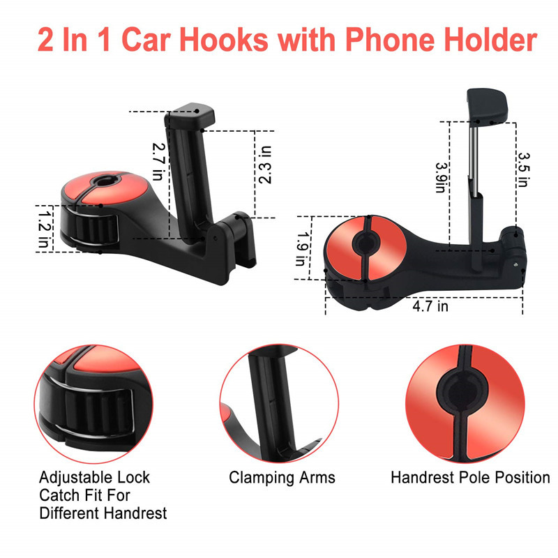 2 az 1-ben univerzális autóhorgok hátsó ülés fejtámla rögzítő tartó iPhone-hoz Samsung Xiaomi Huawei 360 fokos mobiltelefon tartó állvány