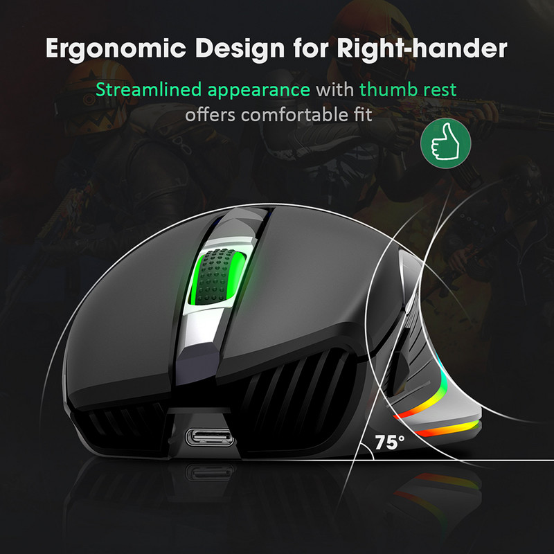 PICTEK PC255 Gaming miš Bežični 10000 DPI RGB miš Punjivi ergonomski računalni miševi s 8 programabilnih tipki za PC