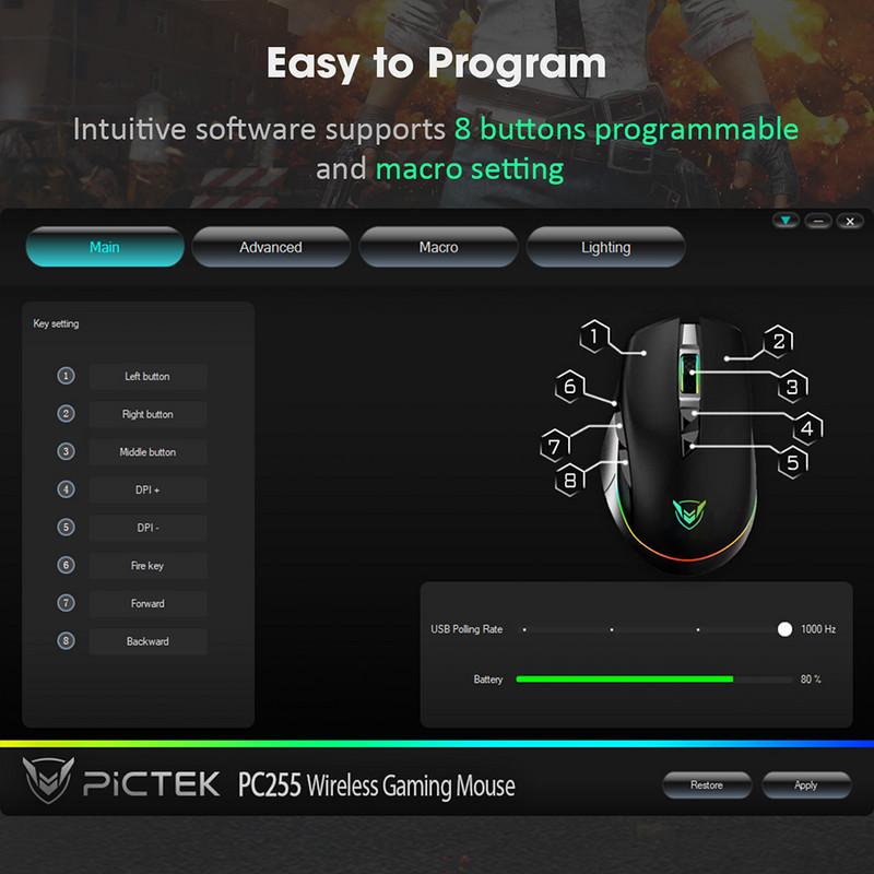 PICTEK PC255 Gaming miš Bežični 10000 DPI RGB miš Punjivi ergonomski računalni miševi s 8 programabilnih tipki za PC