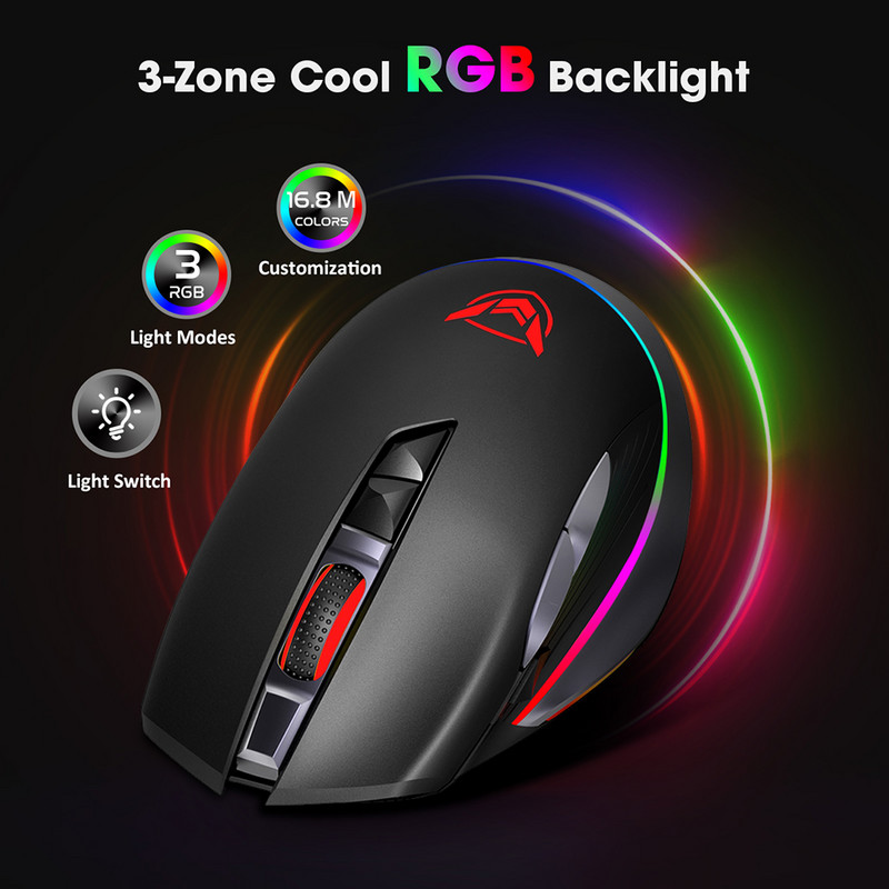 PICTEK PC255 Gaming miš Bežični 10000 DPI RGB miš Punjivi ergonomski računalni miševi s 8 programabilnih tipki za PC