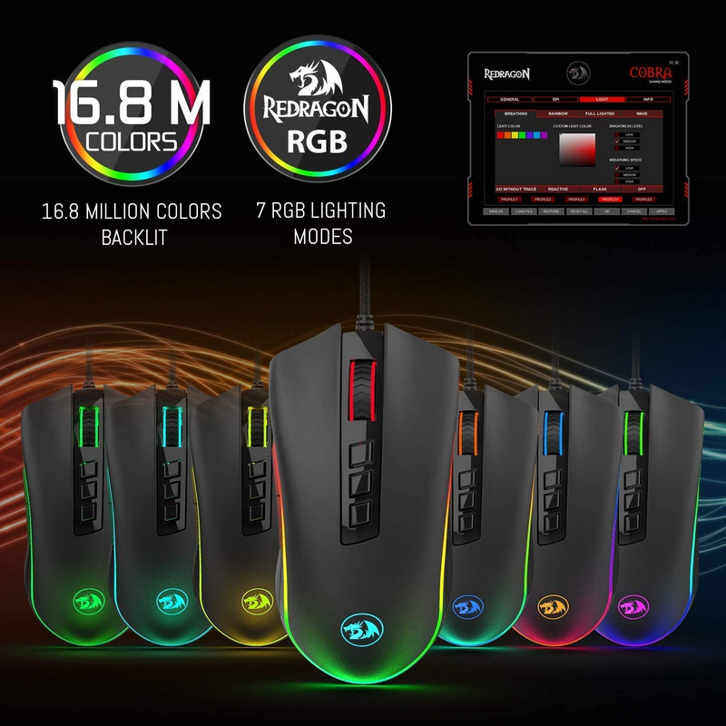 Mouse de gaming Redragon M711 Cobra 10000 DPI cu mouse de gaming cu iluminare din spate de 16,8 milioane de culori RGB