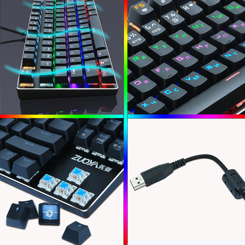 Žaidimų mechaninė klaviatūra Mėlyna raudona jungiklis USB RGB/Mix foninio apšvietimo laidinė klaviatūra 87/104 Anti-ghosting, skirta žaidimų nešiojamam kompiuteriui Rusų JAV
