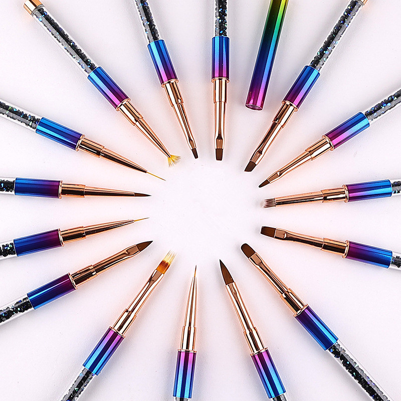 15 Style Art Nails Šepetėlio rašiklis Kalnų krištolinio akmens metalo akrilo rankenos pamušalas nukreipiantis ventiliatoriaus dizainas Krištolinė tapyba piešimo skulptūra rašiklis