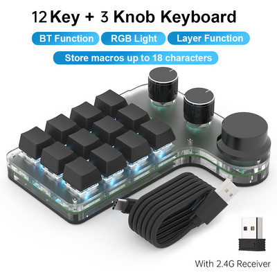 2.4G imtuvas belaidė tinkinta makro klaviatūra 12 klavišų 3 rankenėlė USB mini programinis žaidimas Photoshop Hotswap mechaninė simbolių klaviatūra