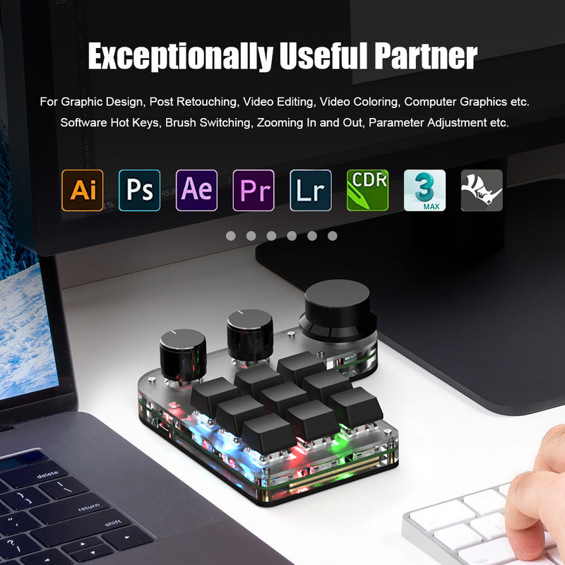 2.4G imtuvas belaidė tinkinta makro klaviatūra 12 klavišų 3 rankenėlė USB mini programinis žaidimas Photoshop Hotswap mechaninė simbolių klaviatūra