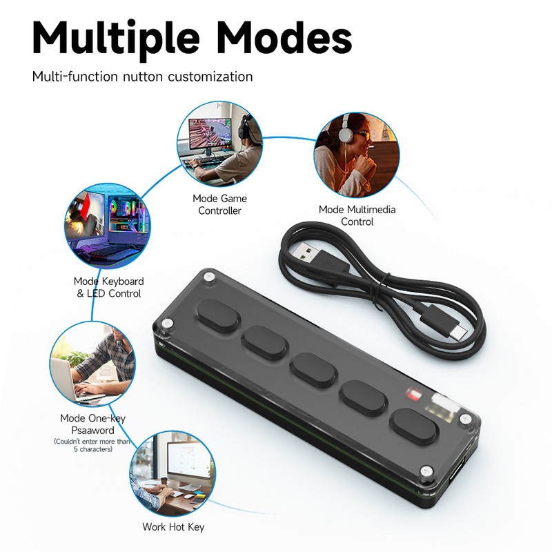 BT5.0 belaidė tinkinta makro klaviatūra, USB TypeC programuojamas silikoninis nutildymo mygtukas, 5 klavišų klaviatūros