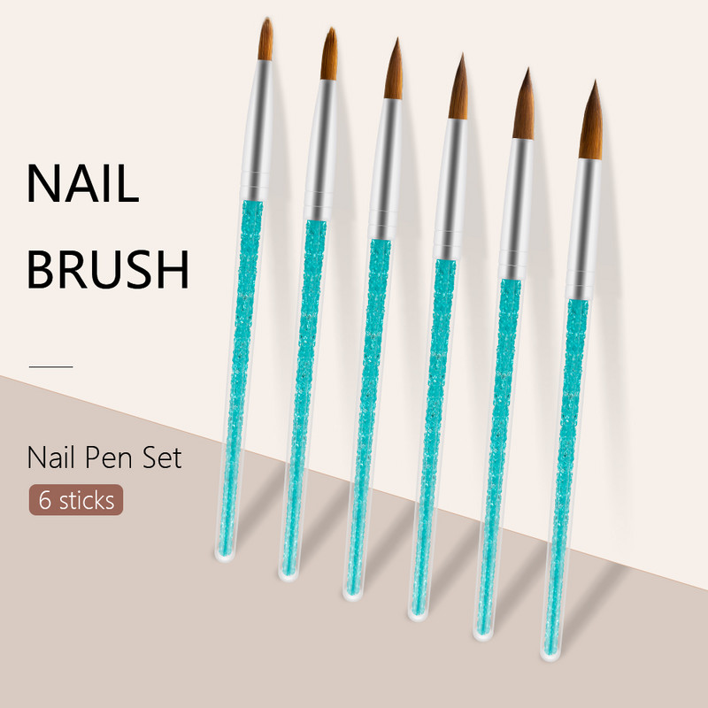 6 vnt / rinkinys Nailono plaukų nagų šepetėlis mėlynas kalnų krištolas, rankena Kolinsky akrilinis šepetėlis rašiklis nagų gelis statybininkas raižyti taškelius piešimo įrankiai