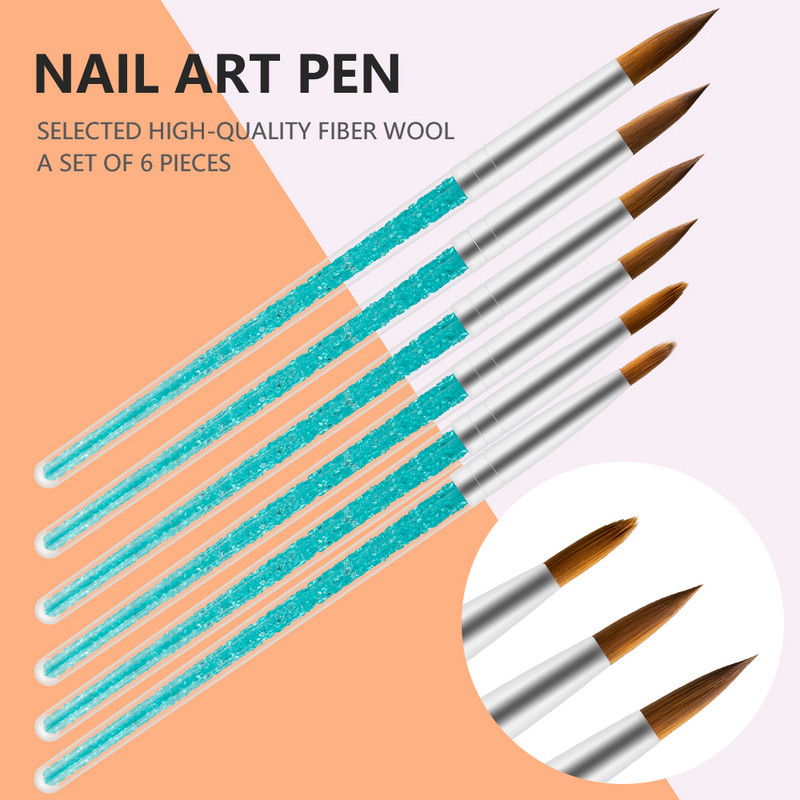 6 vnt / rinkinys Nailono plaukų nagų šepetėlis mėlynas kalnų krištolas, rankena Kolinsky akrilinis šepetėlis rašiklis nagų gelis statybininkas raižyti taškelius piešimo įrankiai
