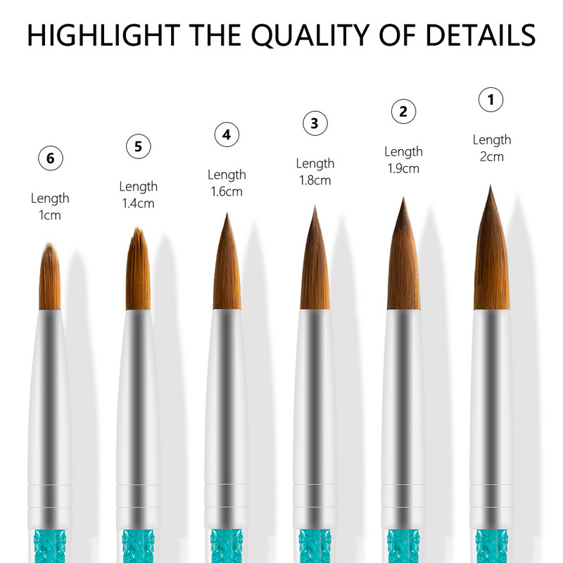 6 vnt / rinkinys Nailono plaukų nagų šepetėlis mėlynas kalnų krištolas, rankena Kolinsky akrilinis šepetėlis rašiklis nagų gelis statybininkas raižyti taškelius piešimo įrankiai