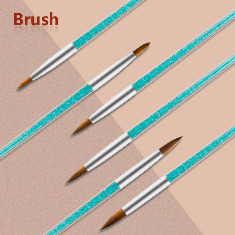 6 vnt / rinkinys Nailono plaukų nagų šepetėlis mėlynas kalnų krištolas, rankena Kolinsky akrilinis šepetėlis rašiklis nagų gelis statybininkas raižyti taškelius piešimo įrankiai