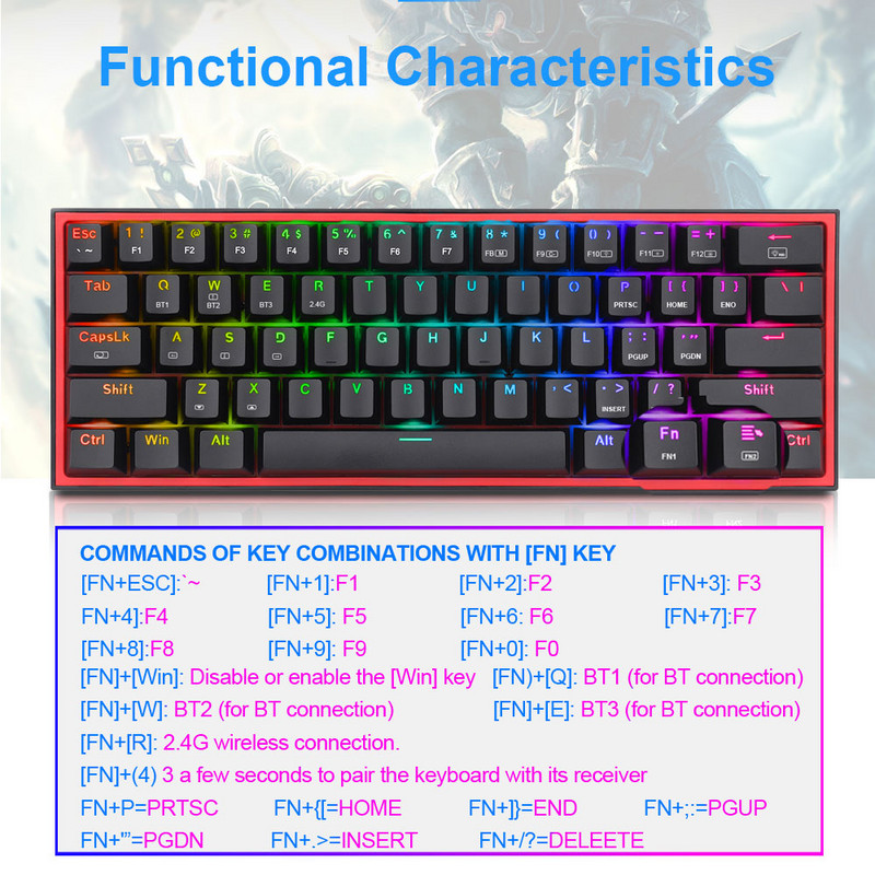 REDRAGON Fizz Pro K616 RGB USB podrška Bluetooth bežični USB 2.4G 3 načina Mehanička gaming tipkovnica Crveni prekidač 61 tipka Računanje