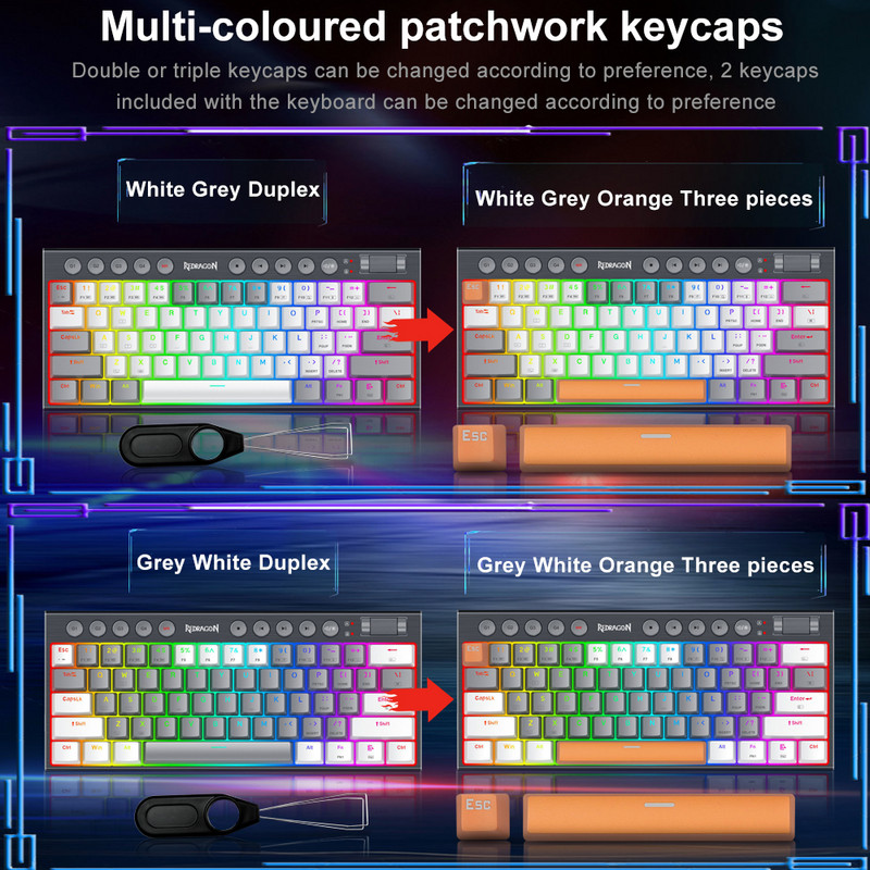 REDRAGON Soraka K647 RGB USB Mini Slim Itin plona laidinė mechaninė žaidimų klaviatūra, raudonas jungiklis, 61 klavišai kompiuteriui