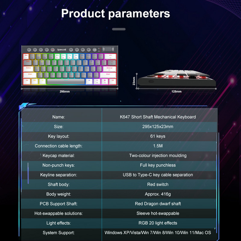 REDRAGON Soraka K647 RGB USB Mini Slim Itin plona laidinė mechaninė žaidimų klaviatūra, raudonas jungiklis, 61 klavišai kompiuteriui