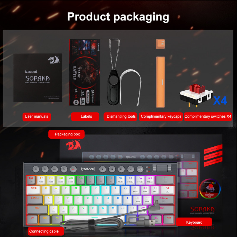 REDRAGON Soraka K647 RGB USB Mini Slim Itin plona laidinė mechaninė žaidimų klaviatūra, raudonas jungiklis, 61 klavišai kompiuteriui