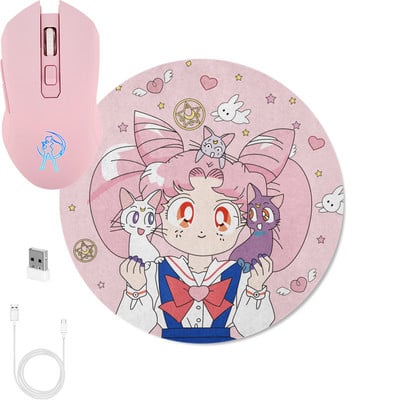 Rožinė belaidė foninio apšvietimo pelė, optinė įkraunama, ergonomiška Anime Sailor Spalvinga Mause Girl laidinė tyli žaidimų pelė 2400DPI