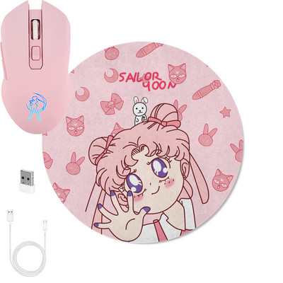 Rožinė belaidė foninio apšvietimo pelė, optinė įkraunama, ergonomiška Anime Sailor Spalvinga Mause Girl laidinė tyli žaidimų pelė 2400DPI