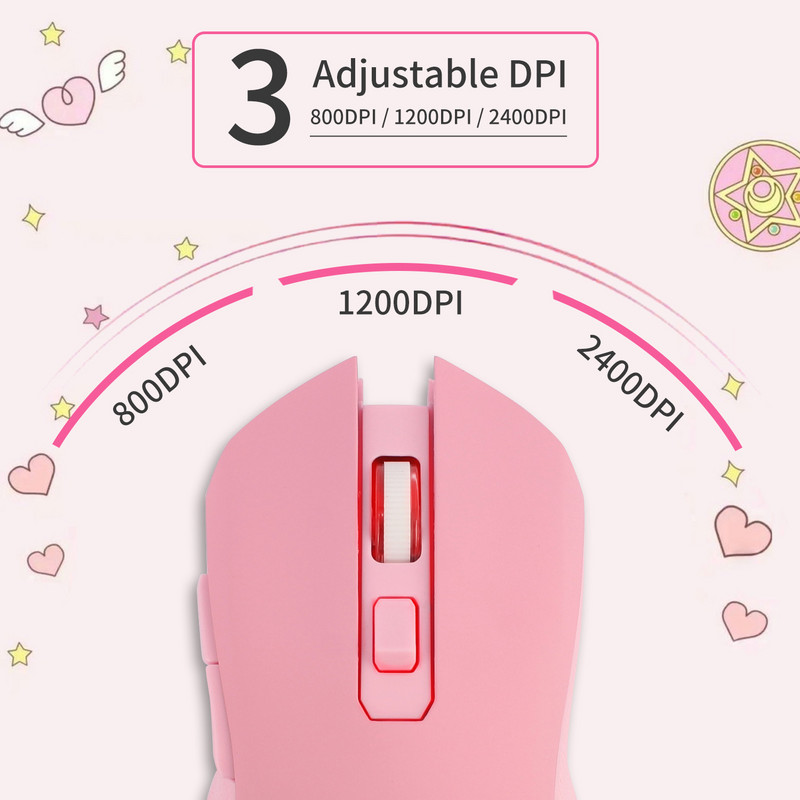 Rožinė belaidė foninio apšvietimo pelė, optinė įkraunama, ergonomiška Anime Sailor Spalvinga Mause Girl laidinė tyli žaidimų pelė 2400DPI