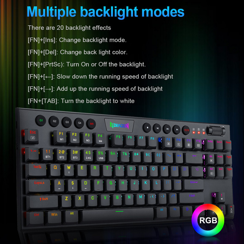 REDRAGON Horus TKL K621 RGB podrška Bluetooth 5.0 bežični USB 2.4G 3 moda Tanka mehanička gaming tipkovnica 97 tipki Compute PC