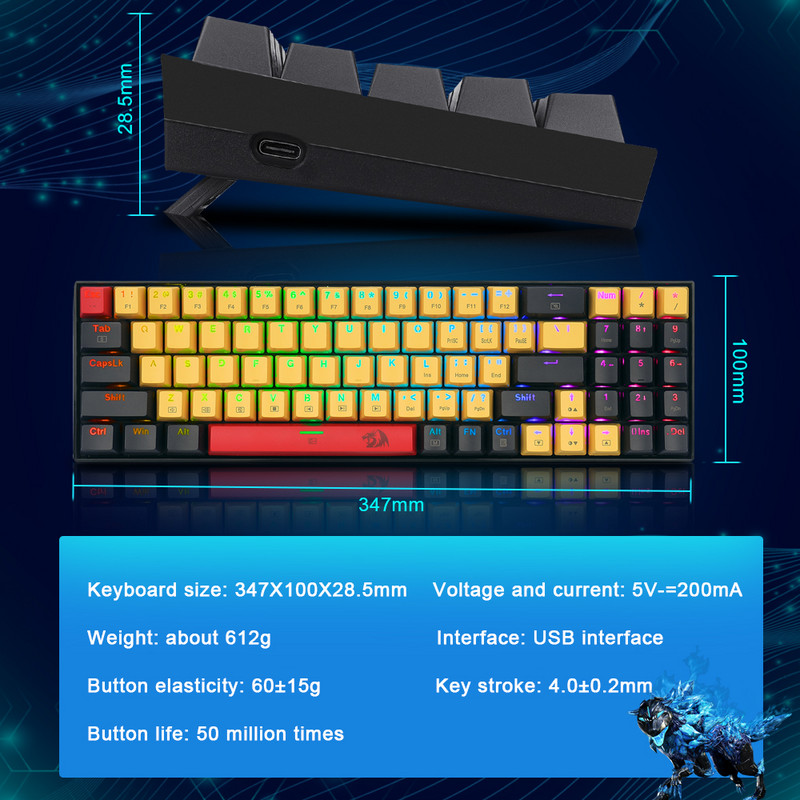 REDRAGON K688 RGB USB Mini tastatură mecanică pentru jocuri întrerupător albastru roșu 78 taste Gamer pentru computer PC laptop cablu detașabil