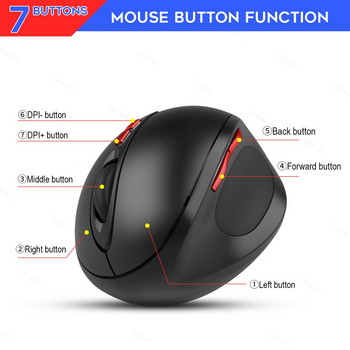Υγιής μεγάλη διάρκεια μπαταρίας 2400 Dpi 2.4G Ασύρματο ποντίκι για υπολογιστή γραφείου Επαναφορτιζόμενο κάθετο ποντίκι 7 κουμπιών Εργονομική σχεδίαση