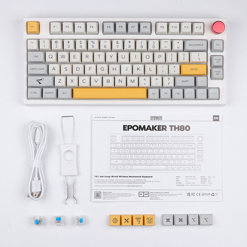 Mechanická klávesnica EPOMAKER TH80 PRO s 75% možnosťou výmeny za chodu, RGB, 2,4 GHz/Bluetooth 5.0/káblová, MDA PBT, ovládanie kláves, ANSI ISO