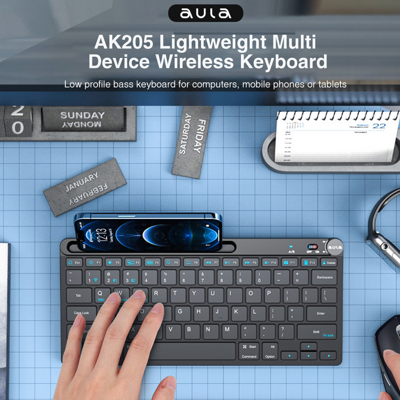 Tastatură fără fir AULA AK205 Slim Bluetooth/2.4G pentru PC Desktop Laptop iPad Jocuri de birou
