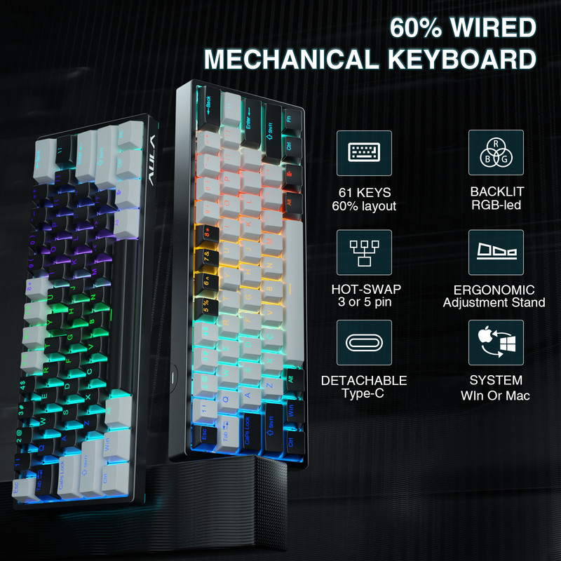 AULA F3261 RGB USB Mini mehanička tipkovnica za igranje Tri vrste prekidača sa 61 tipkom Ožičeni odvojivi kabel, prenosiv za putovanja