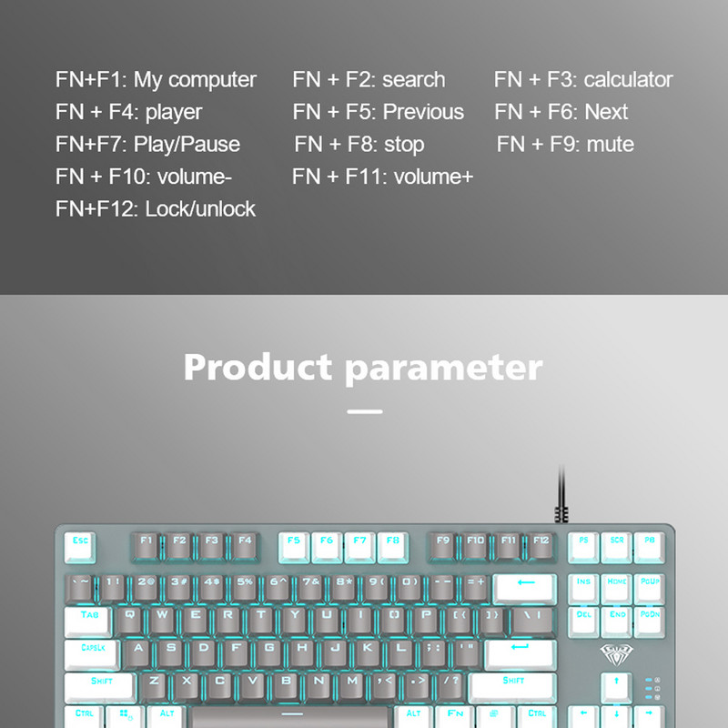 Tastatură mecanică cu fir AULA F3287, 87 de taste, tastatură pentru jocuri cu lumină rece, comutator albastru pentru laptop de jocuri PC