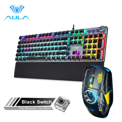 AULA žaidimų mechaninė klaviatūra Retro kvadratiniai švytintys klaviatūros dangteliai su apšvietimu USB Wired 104 Anti-ghosting ir H530 pelės derinys