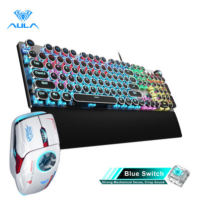 AULA žaidimų mechaninė klaviatūra Retro kvadratiniai švytintys klaviatūros dangteliai su apšvietimu USB Wired 104 Anti-ghosting ir H530 pelės derinys