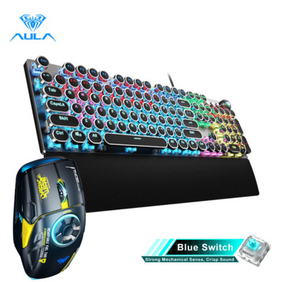 AULA žaidimų mechaninė klaviatūra Retro kvadratiniai švytintys klaviatūros dangteliai su apšvietimu USB Wired 104 Anti-ghosting ir H530 pelės derinys