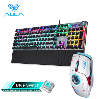AULA žaidimų mechaninė klaviatūra Retro kvadratiniai švytintys klaviatūros dangteliai su apšvietimu USB Wired 104 Anti-ghosting ir H530 pelės derinys