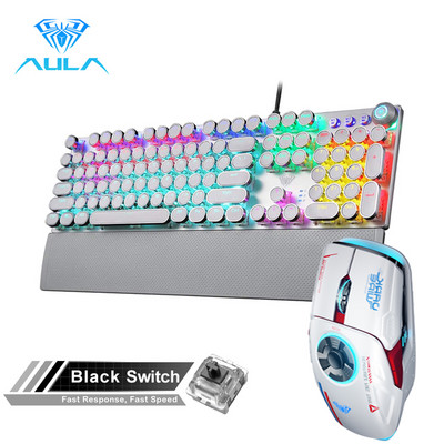 AULA žaidimų mechaninė klaviatūra Retro kvadratiniai švytintys klaviatūros dangteliai su apšvietimu USB Wired 104 Anti-ghosting ir H530 pelės derinys