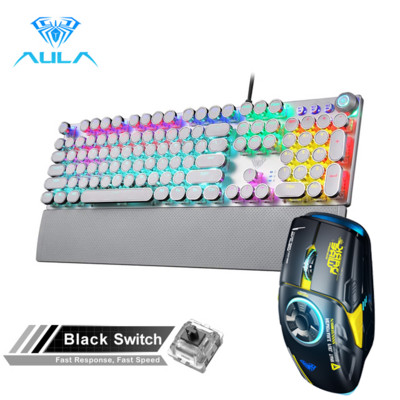 AULA žaidimų mechaninė klaviatūra Retro kvadratiniai švytintys klaviatūros dangteliai su apšvietimu USB Wired 104 Anti-ghosting ir H530 pelės derinys