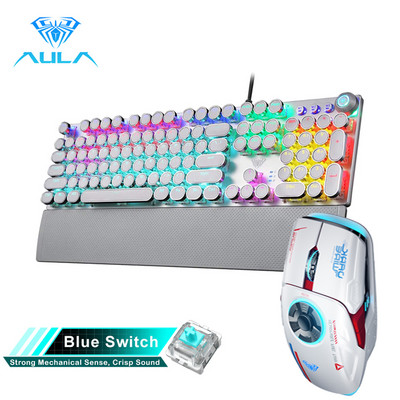 AULA žaidimų mechaninė klaviatūra Retro kvadratiniai švytintys klaviatūros dangteliai su apšvietimu USB Wired 104 Anti-ghosting ir H530 pelės derinys