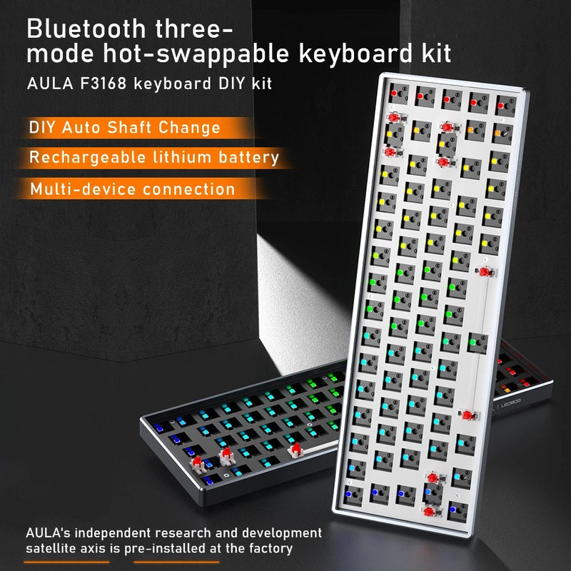 AULA F3168 billentyűzet DIY Hot Swap billentyűzetkészlet Vezetékes/Bluetooth/2.4G 68 gombos szivárványos háttérvilágítású billentyűzet MAC/I0S/Android/Windows rendszerhez