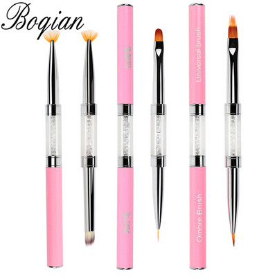 BQAN Pink Double Head Pink Crystal Handle Nail Brush Liner Brush Painting Pen Gel Brush Crystal Nail Art Manicure