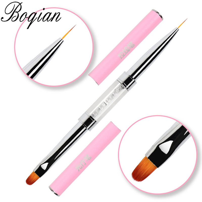 BQAN Pink Dviguba galvutė Pink Crystal Handle Nagų šepetėlis Liner Brush Painting Pen Gel Brush Crystal Nail Art Manikiūras