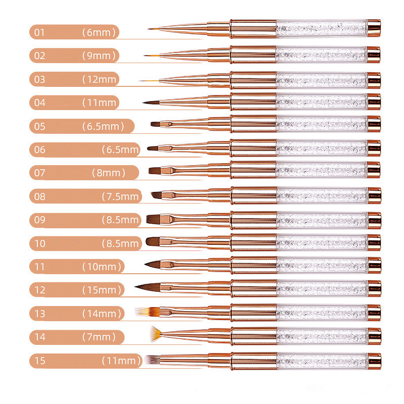 15 Style Gradient Nagų šepetėlis Nagų įdėklas Šepetys Drožyba Plokščios apvalios galvutės nagų gelis tapybos šepečiai Linijos Linijos Piešimo rašiklis