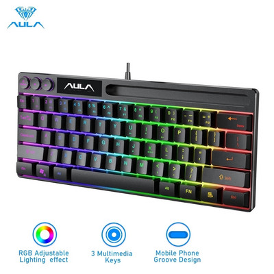 AULA F3061 RGB 61 klavišai Laidinė membraninė žaidimų klaviatūra USB sąsaja, skirta kompiuterio / nešiojamojo kompiuterio prijungimui, telefono lizdą taupantis dizainas