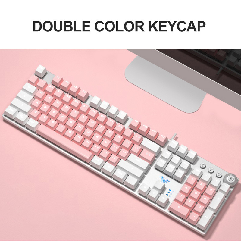 AULA F2088PBT Studentska mehanička tipkovnica s bijelim pozadinskim osvjetljenjem, slatka ružičasta kućni ured, engleska žična tipkovnica, poklon za djevojku