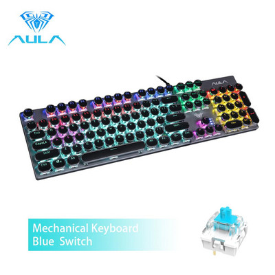 AULA S2016 mechaninė žaidimų klaviatūra 104 klavišai, apsauganti nuo dubliavimosi USB laidinio mišinio foninio apšvietimo klaviatūra Mėlynas jungiklis, skirtas žaidimų nešiojamajam kompiuteriui