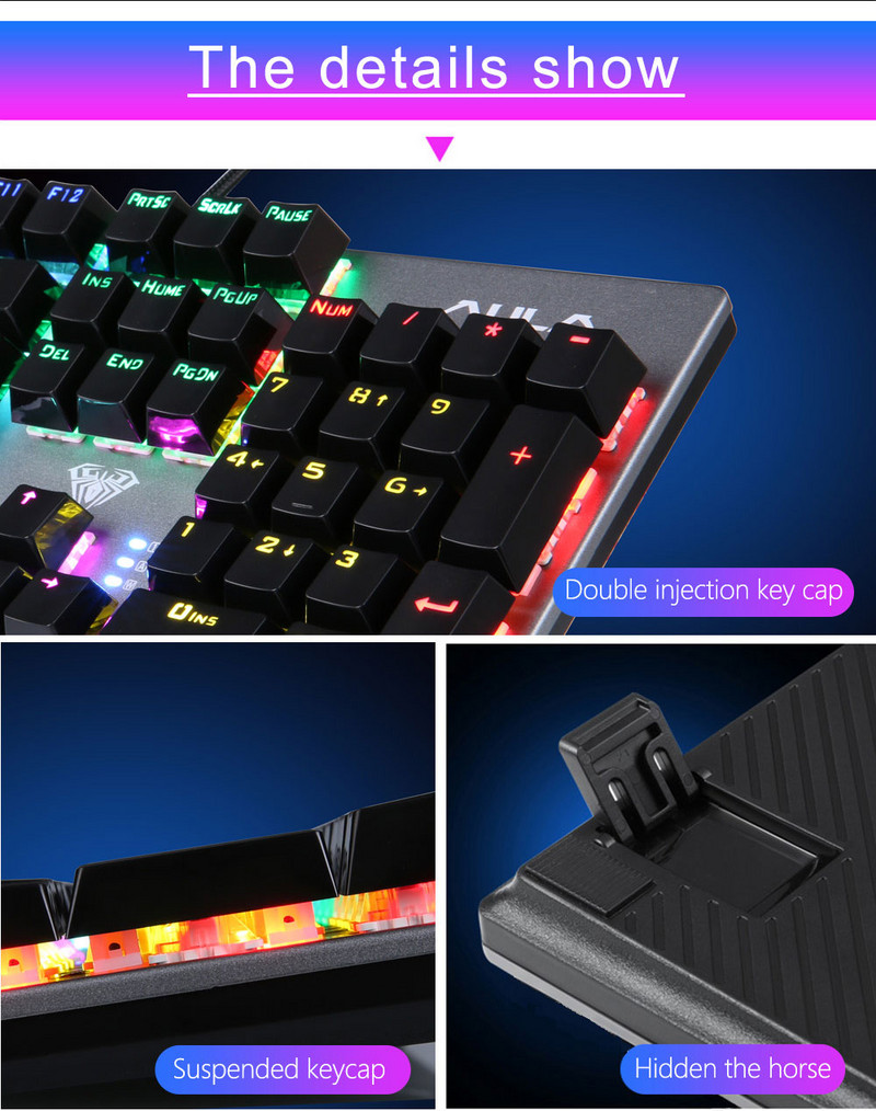 AULA S2016 mechaninė žaidimų klaviatūra 104 klavišai, apsauganti nuo dubliavimosi USB laidinio mišinio foninio apšvietimo klaviatūra Mėlynas jungiklis, skirtas žaidimų nešiojamajam kompiuteriui